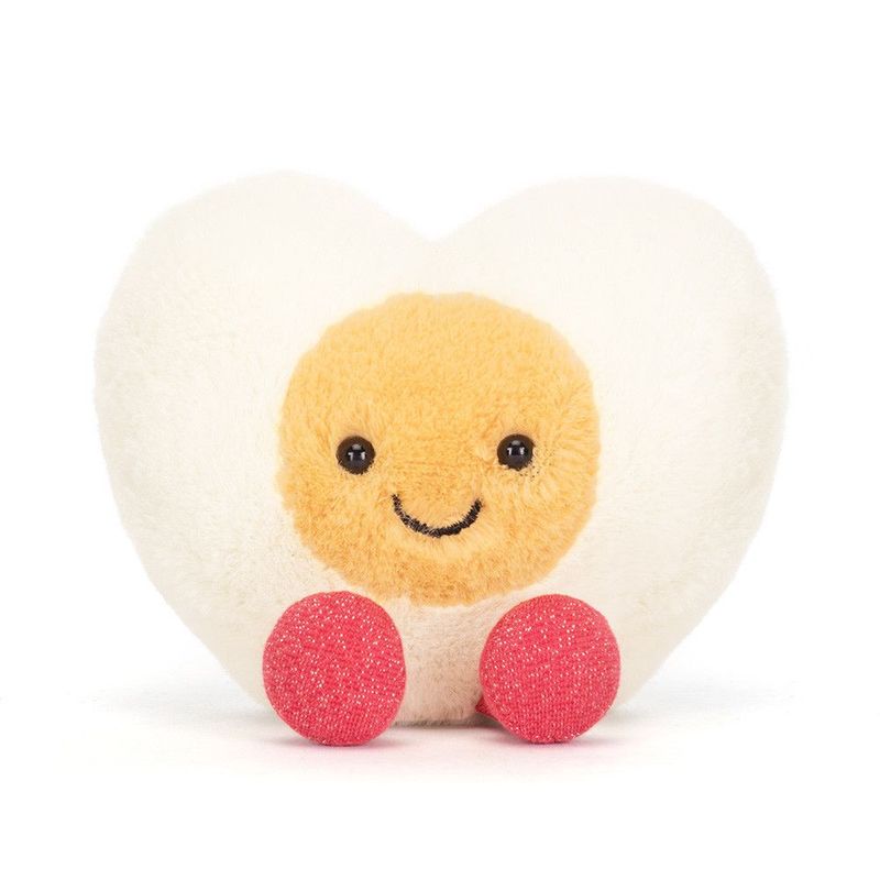Gekochtes Ei Herz - Foodie Fun Jellycat Amuseables Heart Boiled Egg, Kuscheltier Herz-Ei mit rosa Beinchen, Ansicht von vorne
