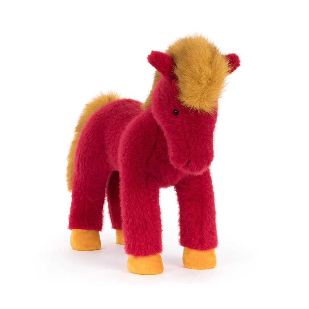 Pferd Festival Horse - Colourful & Quirky Jellycat Festival Horse, Kuscheltier rotes Pferd mit gelber Mähne und Hufen, Ansicht diagonal