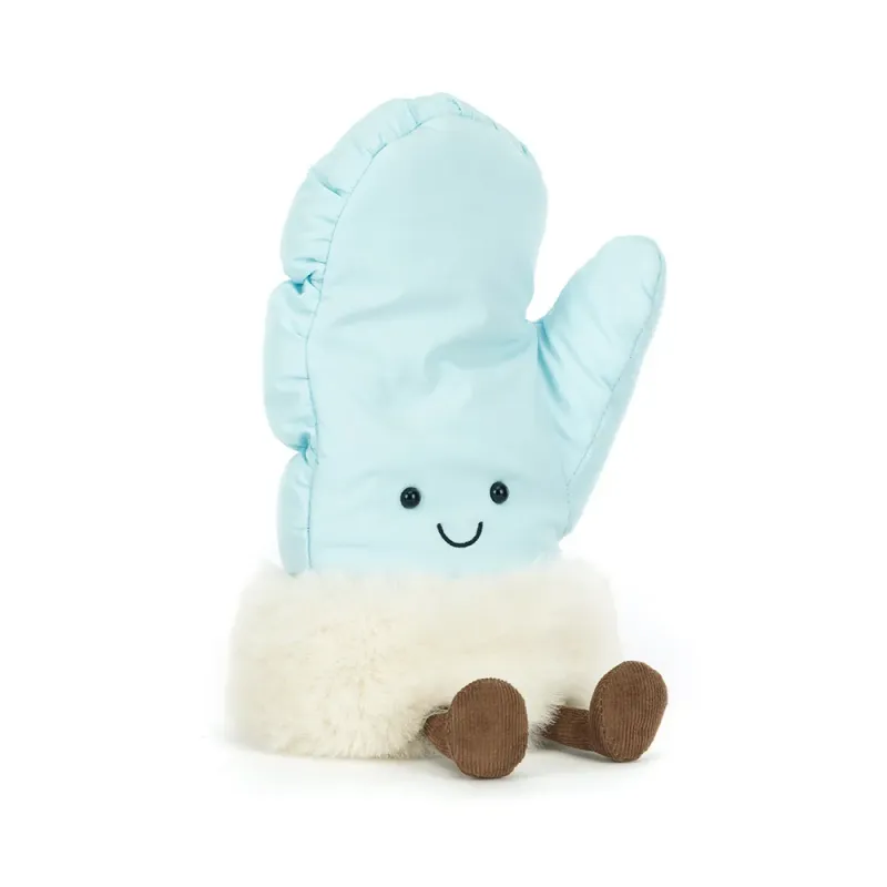 Jellycat Amuseables Mitten, Kuscheltier Fäustling als Ski-Handschuh, Ansicht diagonal von vorne