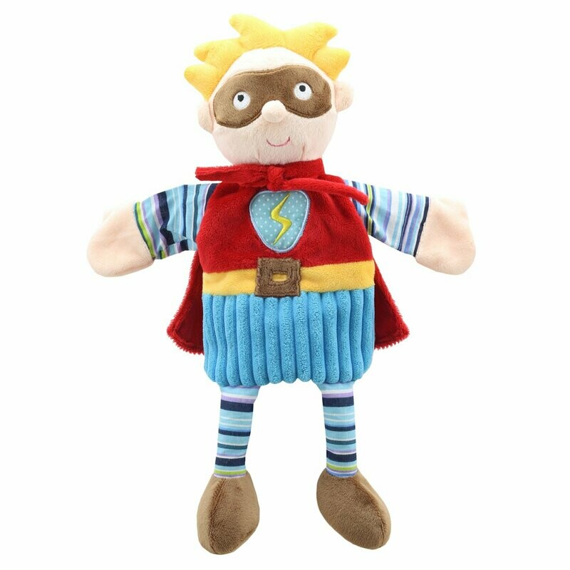 Junge Superheld Handpuppe blond von The Puppet Company mit bespielbarem Kopf und Händen von vorne