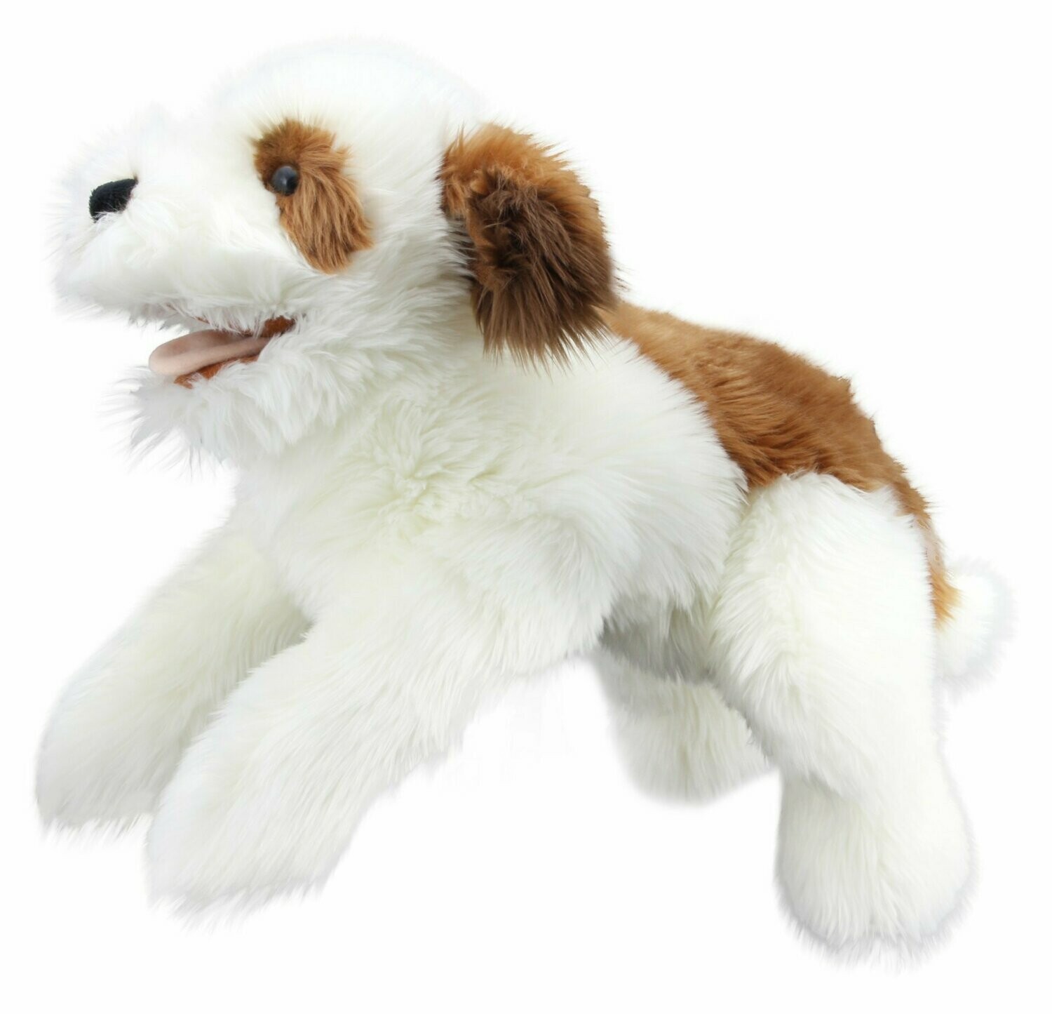 Hund Braun-Weiß - Playful Puppies Große Hunde Handpuppe 44 cm lang weicher Plüschhund mit bespielbarem Maul Kopf und Vorderbeinen für Kinder und Erwachsene