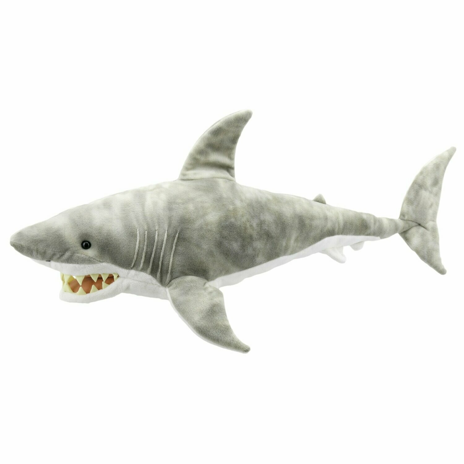 Hai - Large Creatures The Puppet Company Large Creatures Hai Handpuppe 85 cm lang grauer Plüschhai mit großem Klappmaul und Plüschzähnen
