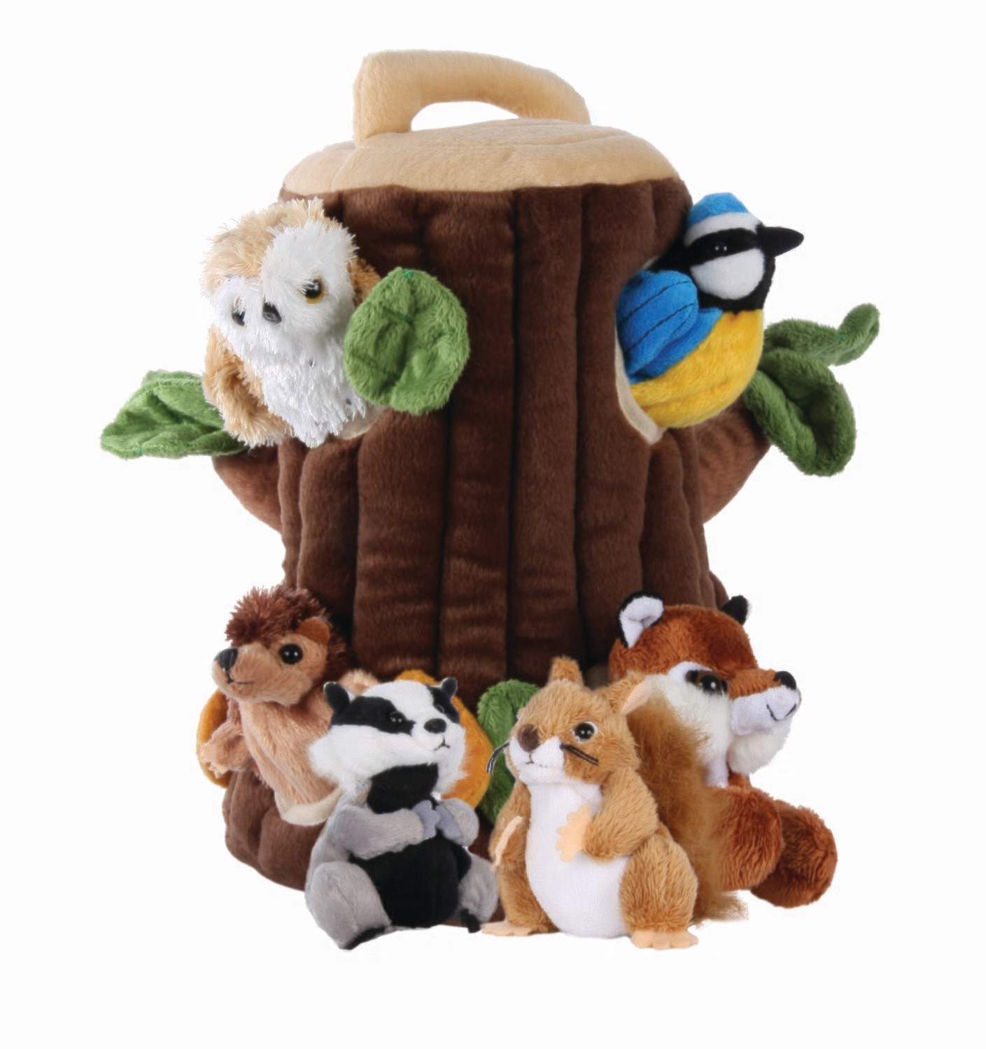 Fingerpuppen Set Baumhaus Plüsch Baumhaus 33 cm hoch mit 6 verschiedenen Tier Fingerpuppen im weichen Baumstamm Versteck