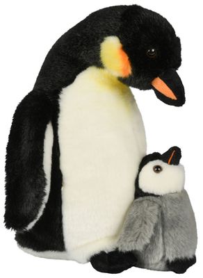 Pinguin mit Baby - Uni-Toys Uni-Toys Pinguin Mama im schwarz weißen Frack Look gelb orange Akzente graues flauschiges Pinguin Baby Küken Stofftier Set