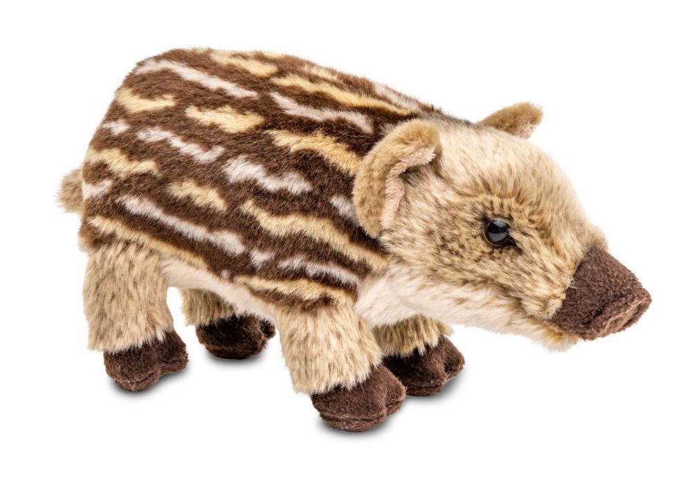 Frischling stehend - Uni-Toys Uni-Toys Frischling Plüschtier Wildschwein Baby braun hellgestreiftes Fell Steckdosennase aufmerksame Knopfaugen Stofftier