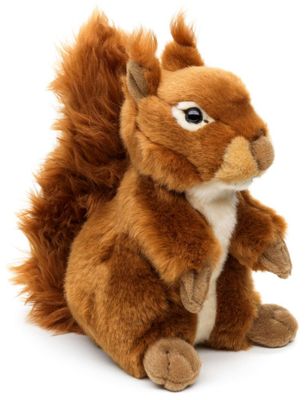 Uni-Toys Eichhörnchen Plüschtier fuchsrotes braunes Fell extra buschiger Schwanz niedliche Ohrpinsel hält eine Nuss Stofftier