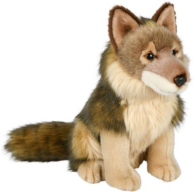 Wolf sitzend - Uni-Toys Uni-Toys Wolf Plüschtier sitzend wolfsgrau braun beiges schattiertes Fell aufmerksame helle Augen spitze Ohren naturgetreues