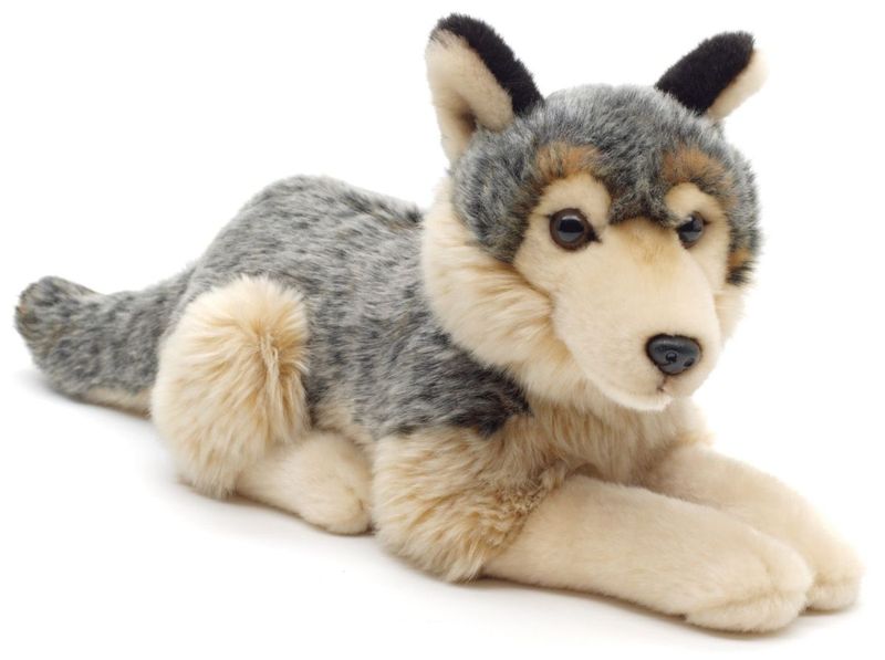 Wolf - Uni-Toys Uni-Toys Wolf Plüschtier wolfsgrau grau beiges schattiertes Fell aufmerksame helle Augen spitze Ohren naturgetreues Stofftier