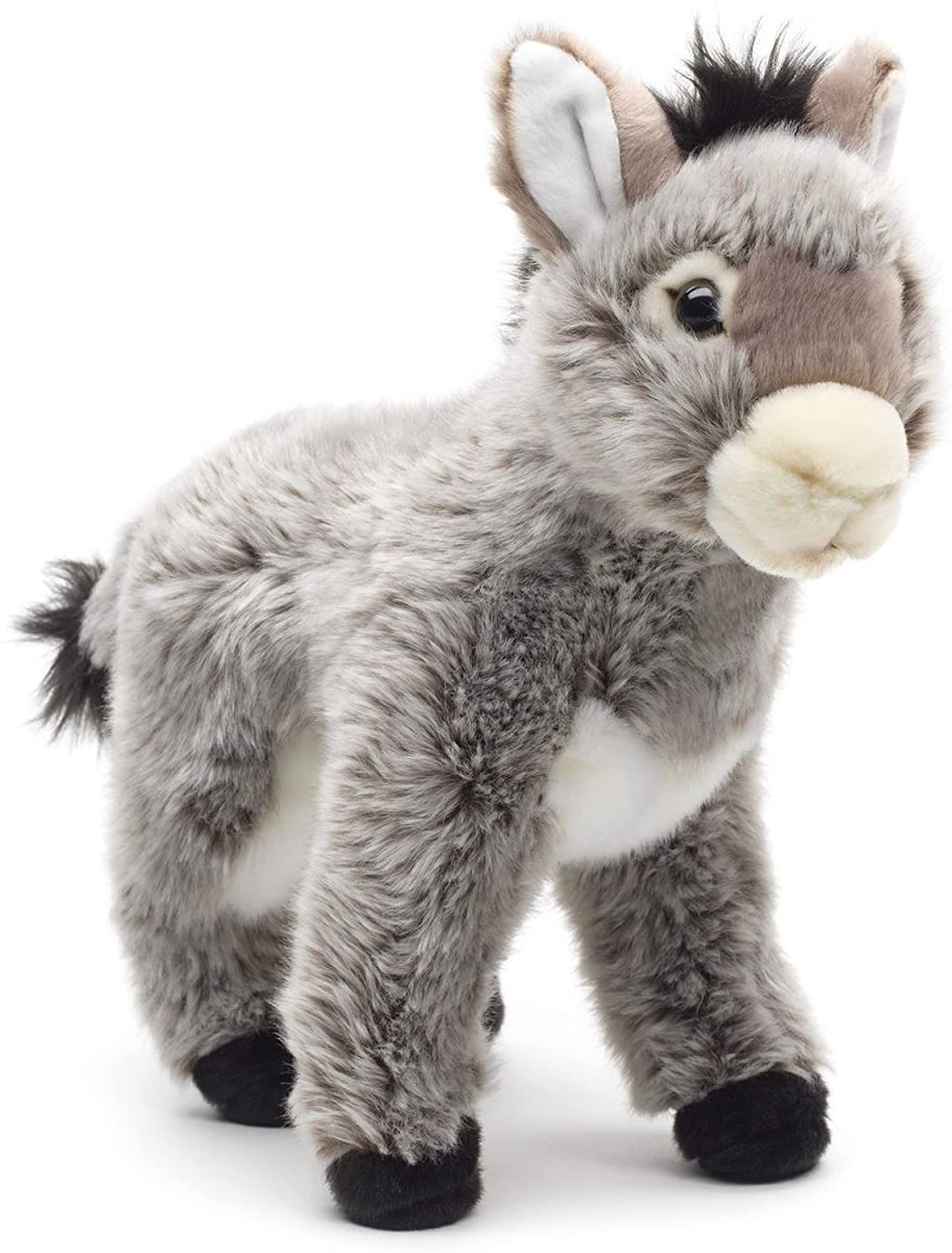 Esel stehend - Uni-Toys Uni-Toys Esel Plüschtier stehend graues weiches Fell weiße Schnauze lange Ohren dunkle Stehmähne aufgeweckte Knopfaugen Stoff