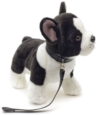Uni-Toys Französische Bulldogge Plüschtier stehend große Fledermausohren typische Gesichtsfalten dunkle Knopfaugen Hundeleine