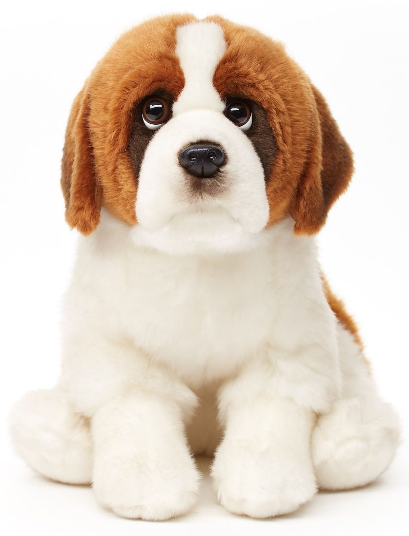 Hund Bernhardiner Uni-Toys Uni-Toys Bernhardiner sitzend Plüschtier rotbraun weißer Stofftier-Hund mit dunkler Gesichtsmaske und Schlappohren