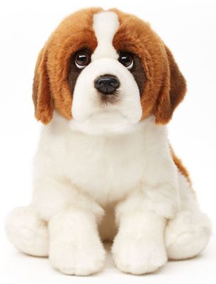 Hund Bernhardiner Uni-Toys Uni-Toys Bernhardiner sitzend Plüschtier rotbraun weißer Stofftier-Hund mit dunkler Gesichtsmaske und Schlappohren