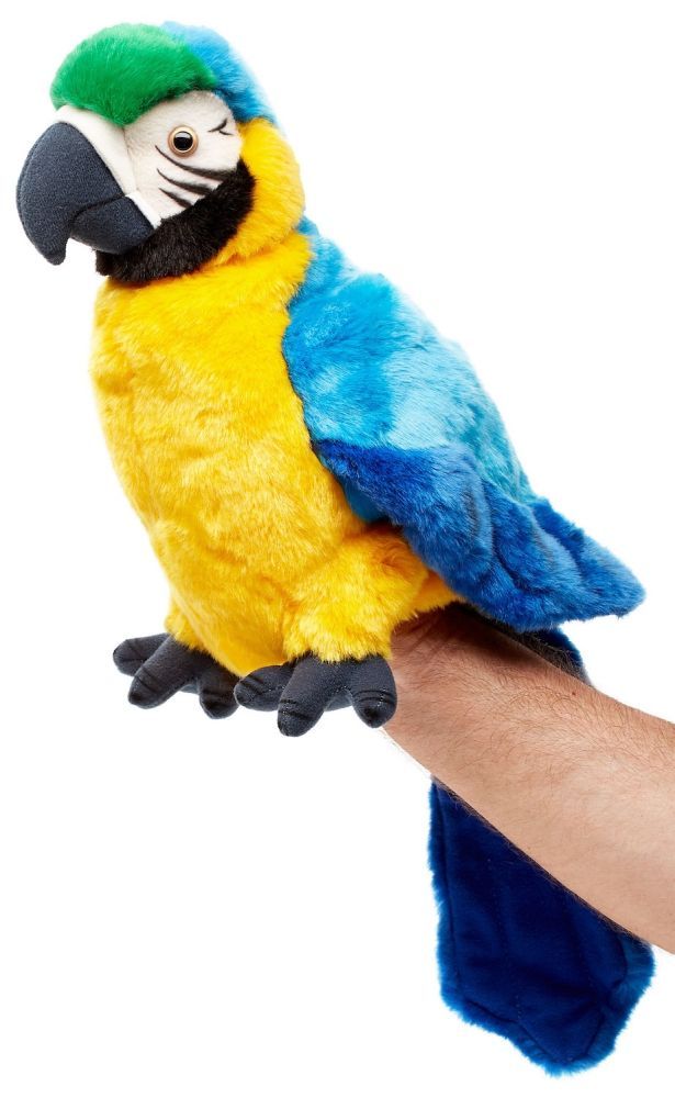 Handpuppe Papagei - Uni-Toys Uni-Toys Handpuppe Papagei Ara buntes Gefieder blau gelb großer Schnabel Kopf von innen drehbar lebensechte Vogel Puppe