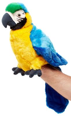 Uni-Toys Handpuppe Papagei Ara buntes Gefieder blau gelb großer Schnabel Kopf von innen drehbar lebensechte Vogel Puppe