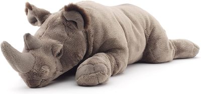 Nashorn liegend - Uni-Toys Uni-Toys Nashorn Plüschtier liegend graues samtweiches Fell charakteristisches Horn kleine Ohren angedeutete Hautfalten