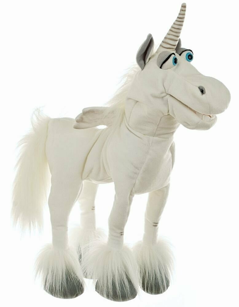 Elke das Einhorn - Living Puppets Living Puppets Elke, weiße Einhorn Handpuppe mit bespielbarem Maul und Handeingang am Bauch, Ansicht von vorne