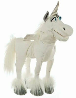 Living Puppets Elke, weiße Einhorn Handpuppe mit bespielbarem Maul und Handeingang am Bauch, Ansicht von vorne