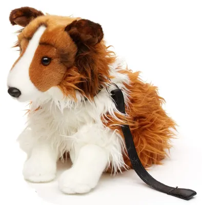 Collie Hütehund mit Leine - Uni-Toys Uni-Toys Collie sitzend Plüschtier braun weißer Stofftier Hund mit Halsband und Leine ausdrucksstarkes Kuscheltier