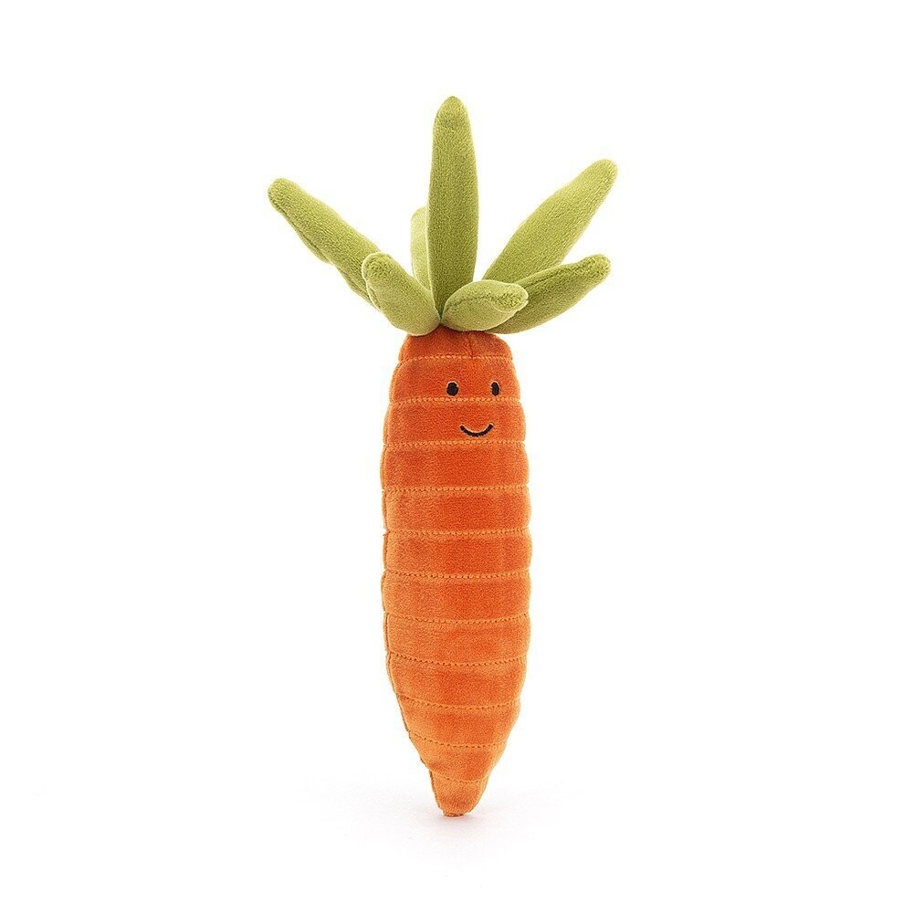 Karotte - Food & Drink Jellycat Vivacious Vegetable Karotte aus Plüsch mit grünem Blattwerk & fröhlichem Gesicht von vorne