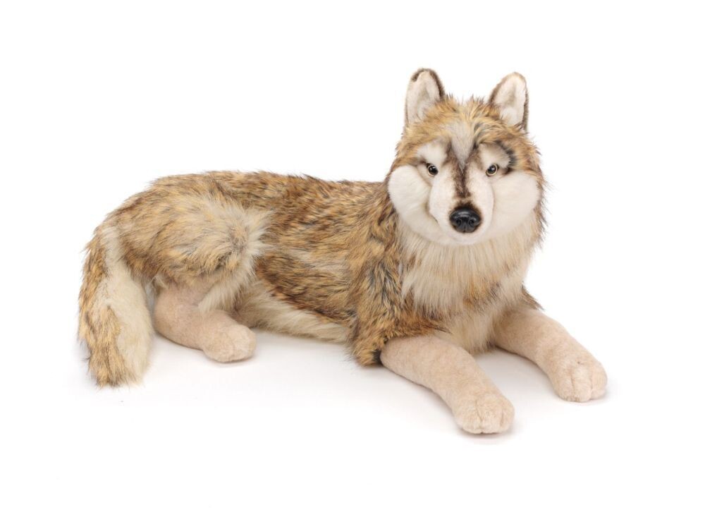 Wolf - Uni-Toys Uni-Toys großer liegender Wolf aus weichem grau braunem Plüsch mit ausdrucksstarken Augen und buschiger Rute