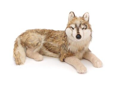 Uni-Toys großer liegender Wolf aus weichem grau braunem Plüsch mit ausdrucksstarken Augen und buschiger Rute