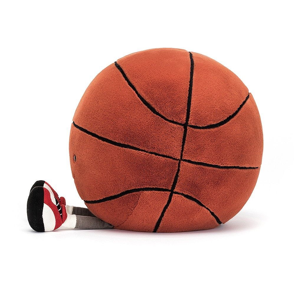 Jellycat Amuseable Basketball aus orangefarbenem Plüsch mit schwarzen Ball-Linien, fröhlichem Lächeln, braunen Kordbeinchen