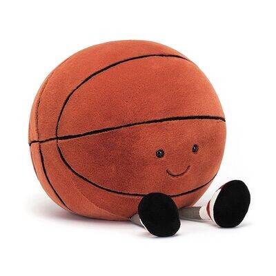 Jellycat Amuseable Basketball aus orangefarbenem Plüsch mit schwarzen Ball-Linien, fröhlichem Lächeln, braunen Kordbeinchen