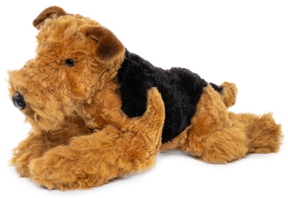 Uni-Toys Airedale Terrier Plüschtier Hund liegend 43 cm lang braun schwarz weiches Fell typischer Bart Stofftier