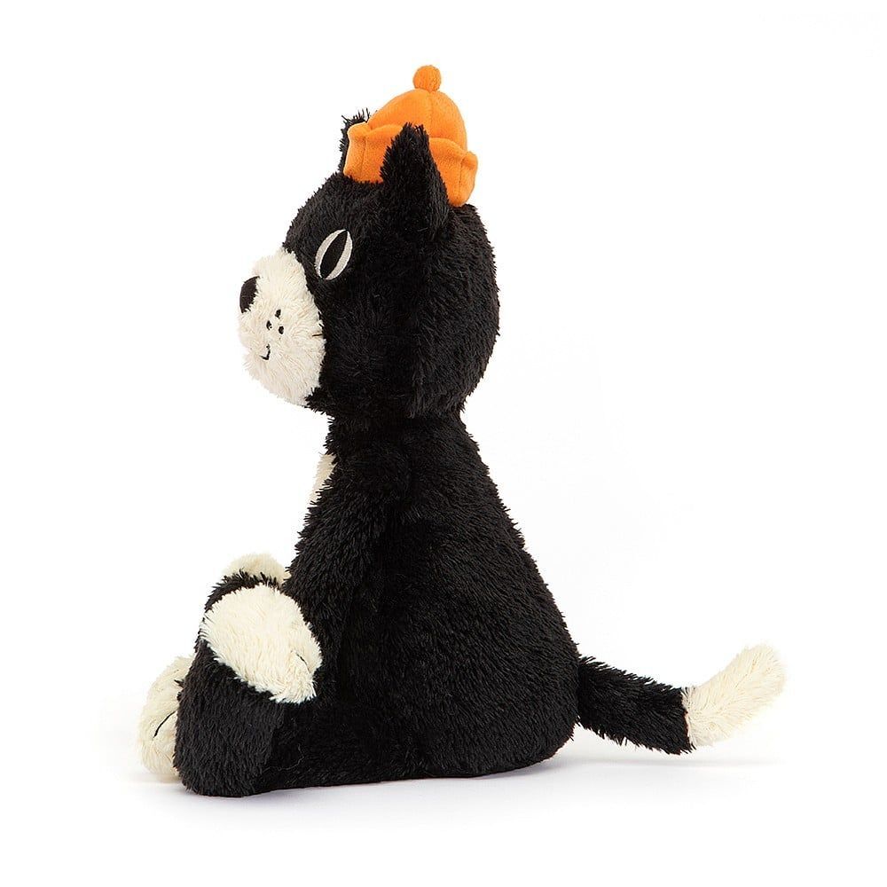Jellycat Jack Katze Plüschtier weiches Fell weiße Pfoten markante Schnauze orangefarbene Krone auf dem Kopf Maskottchen