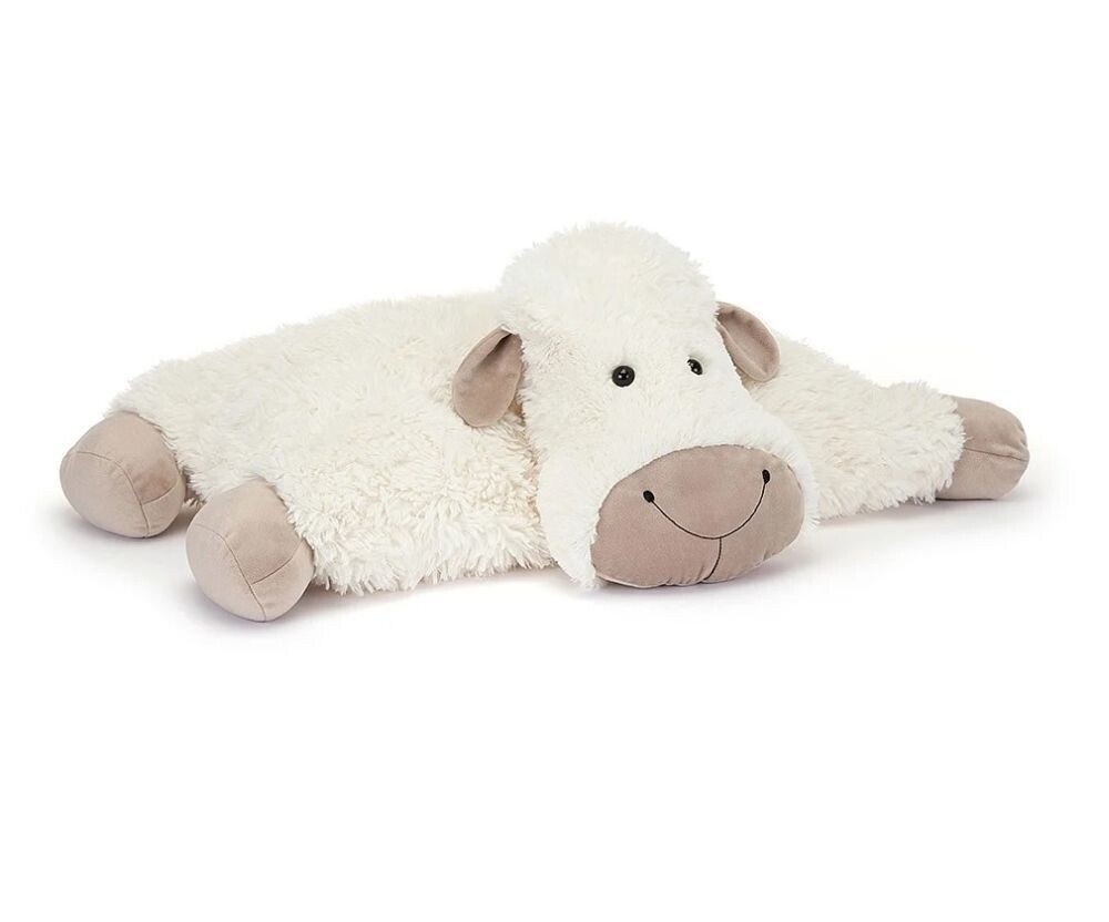 Schaf Truffles Sheep - Super Softies Jellycat Truffles Sheep Schaf Plüschtier cremeweißes wuscheliges Fell braune Hufe flach liegendes Kuschelkissen Stofftier