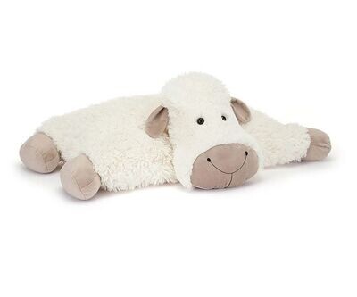 Schaf Truffles Sheep - Super Softies Jellycat Truffles Sheep Schaf Plüschtier cremeweißes wuscheliges Fell braune Hufe flach liegendes Kuschelkissen Stofftier
