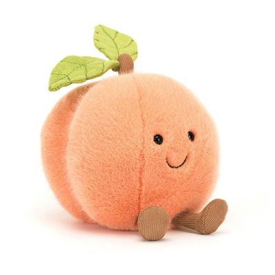 Jellycat Amuseables Peach, soft toy peach in rosy with green leaves, diagonal view from the front