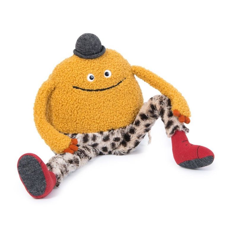 Monster Gelber Mouni - Moulin Roty Mouni Monster von Moulin Roty, kuscheliges gelbes Plüschtier langen Armen & Beinen, Les Schmouks, Ansicht diagonal von vorne