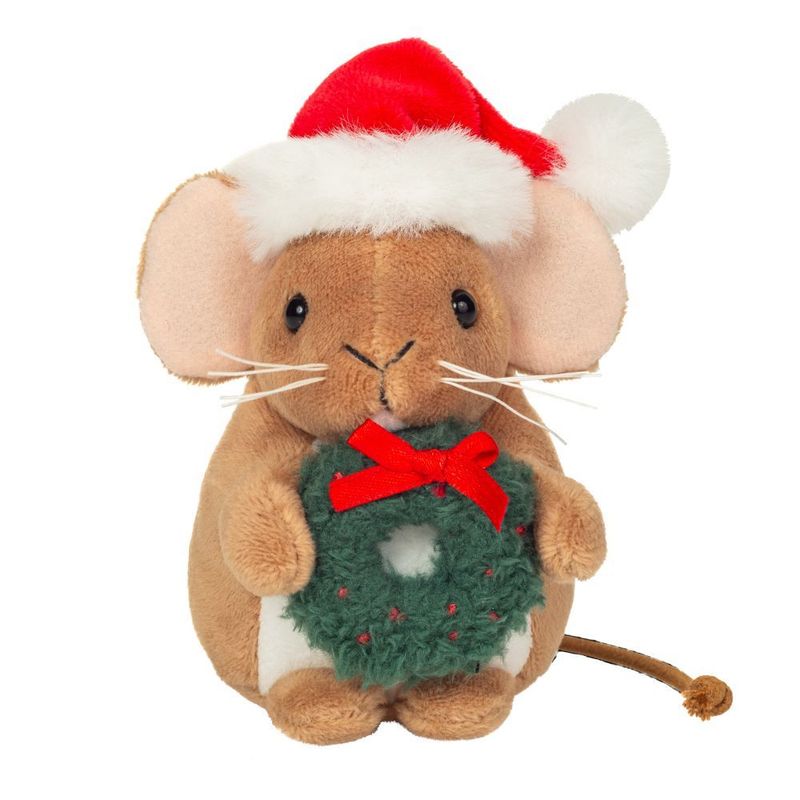 Maus Weihnachtsmaus mit Kranz - Hermann Teddy Hermann Teddy Weihnachtsmaus von Teddy-Hermann, 11 cm Kuscheltier mit Kranz, roter Schleife und Mütze, Ansicht von vorne