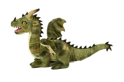 Drache Grün - Uni-Toys Uni-Toys Drache Plüschtier stehend 40 cm lang große Flügel Zacken auf dem Rücken Hörner treue Augen Fabelwesen Stofftier