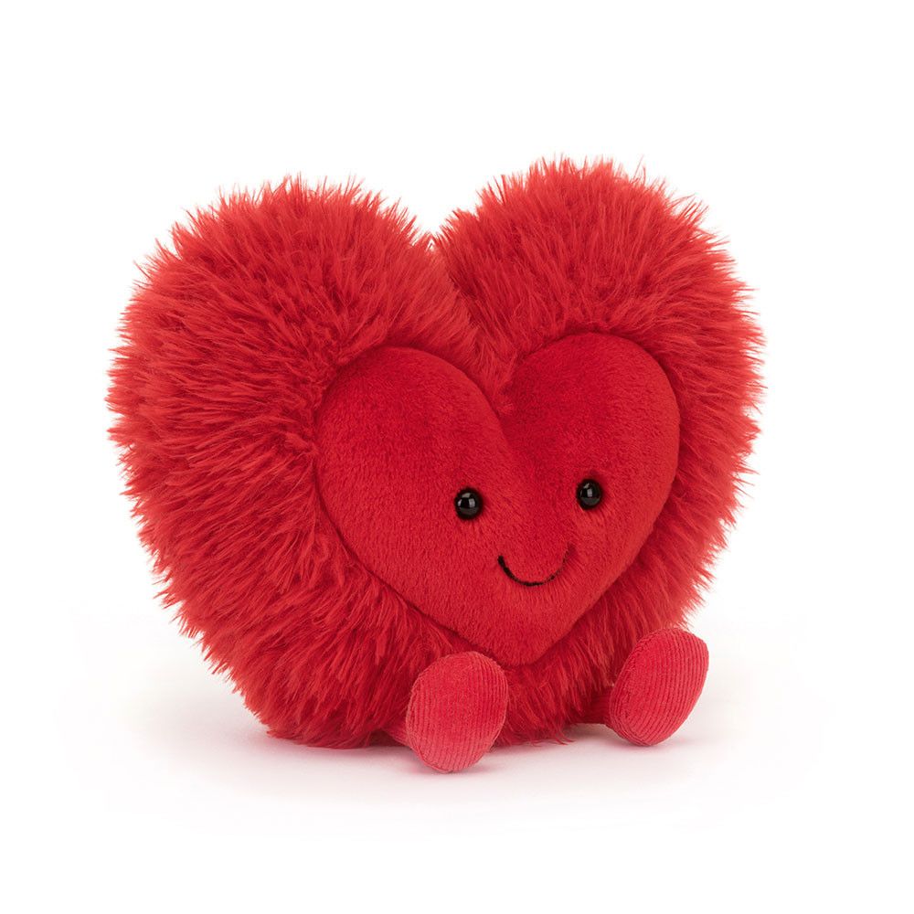 Jellycat Beatie Heart Large von vorn mit rotem Plüsch und freundlichem Gesicht