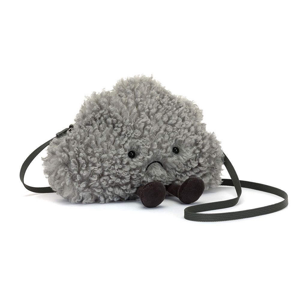 Jellycat Amuseables Storm Cloud Tasche mit grauem Plüsch, traurigem Gesicht & Schulterriemen, vorne