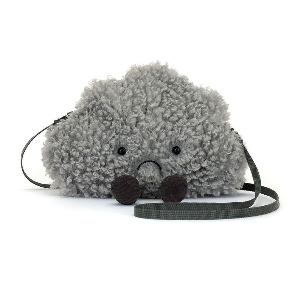 Jellycat Amuseables Storm Cloud Tasche mit grauem Plüsch, traurigem Gesicht & Schulterriemen, vorne