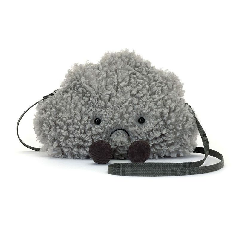 Jellycat Amuseables Storm Cloud Tasche mit grauem Plüsch, traurigem Gesicht & Schulterriemen, vorne