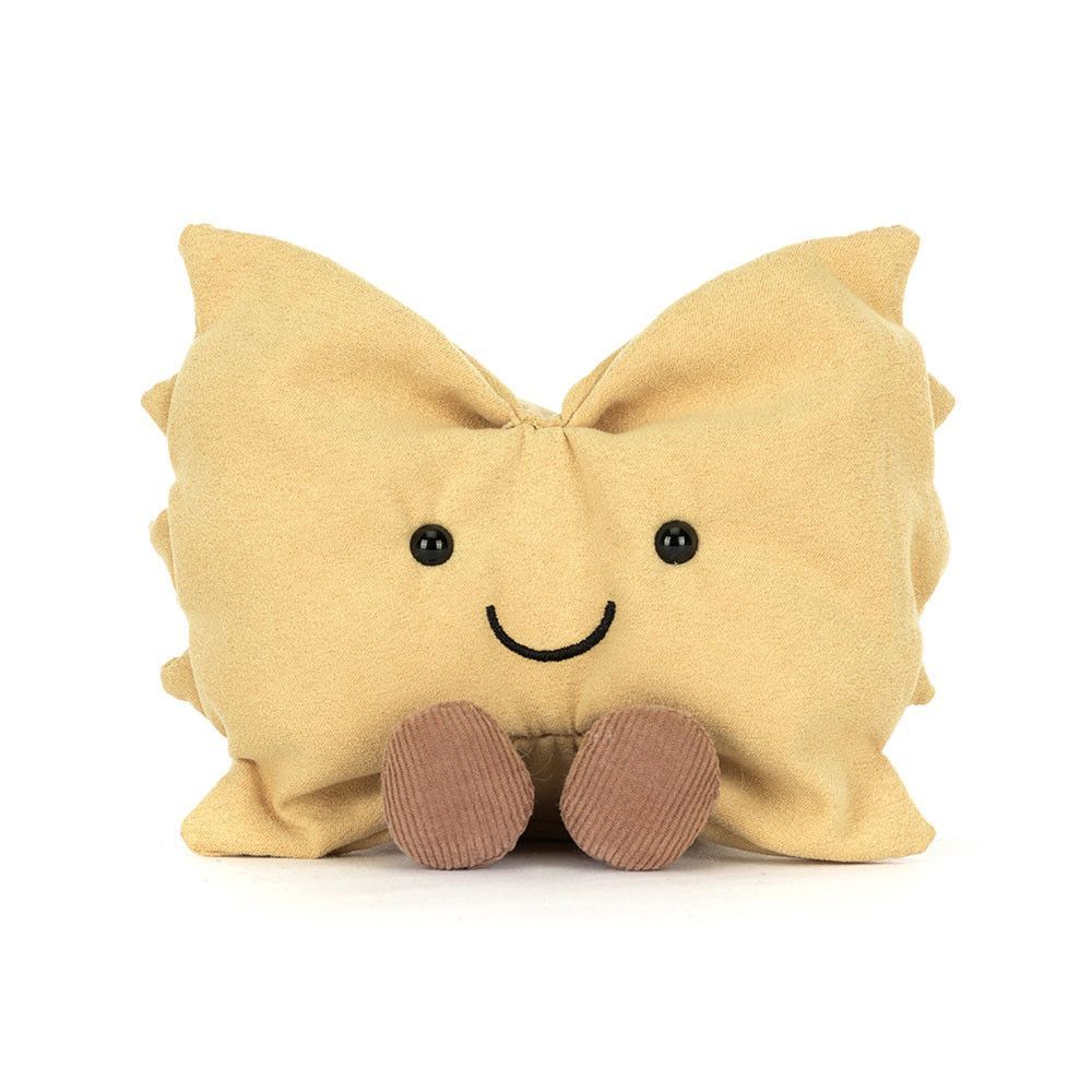 Jellycat Amuseables Farfalle Pasta-Kuscheltier von vorne mit süßem Gesicht, Füßchen & weichem Plüsch
