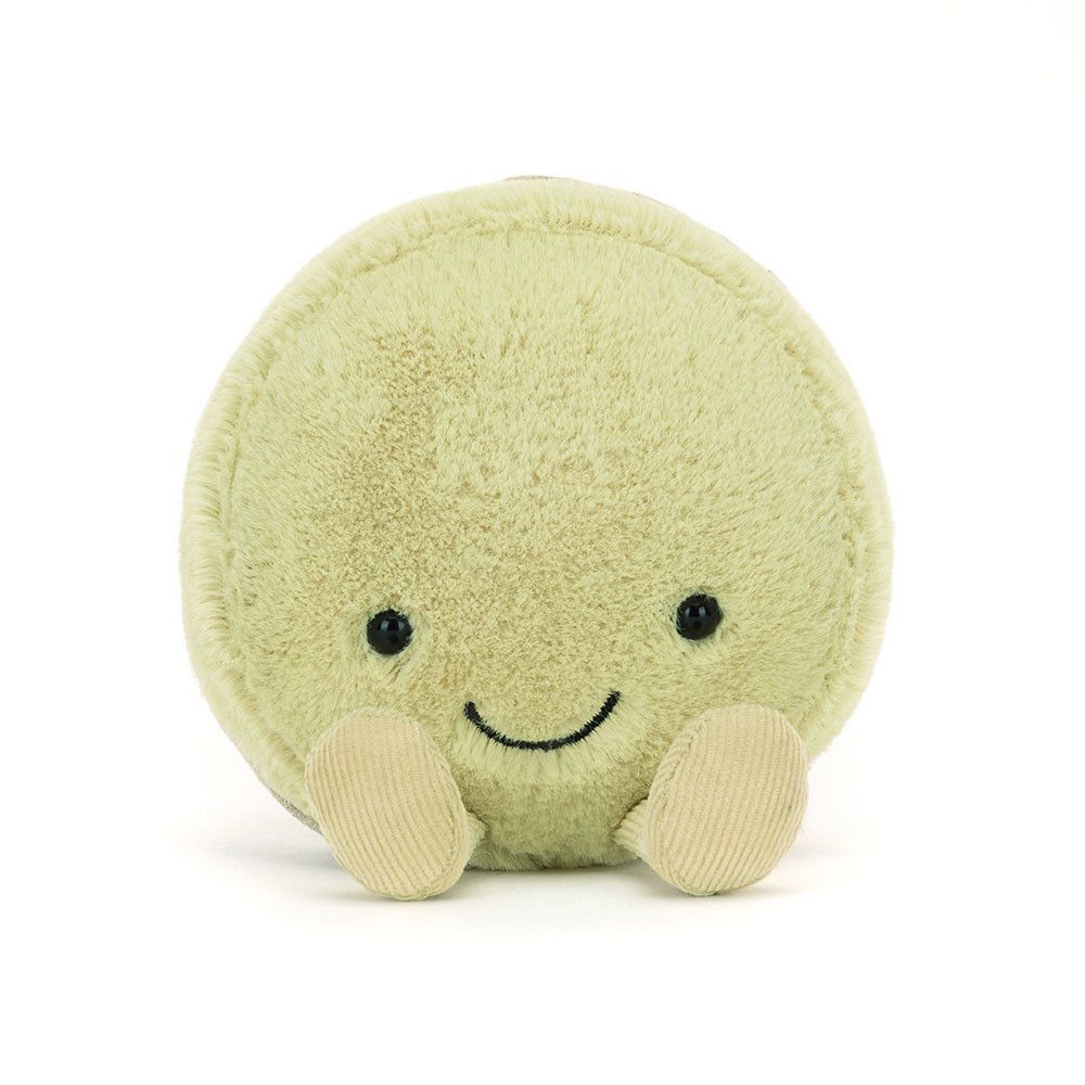 Jellycat Amuseables Max Macaron, pistazien-grünem Fell, lächelndem Gesicht & Cordbeinen, von vorne