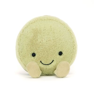Jellycat Amuseables Max Macaron, pistazien-grünem Fell, lächelndem Gesicht & Cordbeinen, von vorne