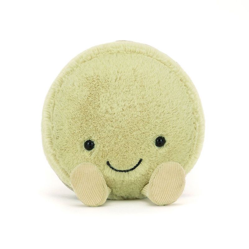 Jellycat Amuseables Max Macaron, pistazien-grünem Fell, lächelndem Gesicht & Cordbeinen, von vorne