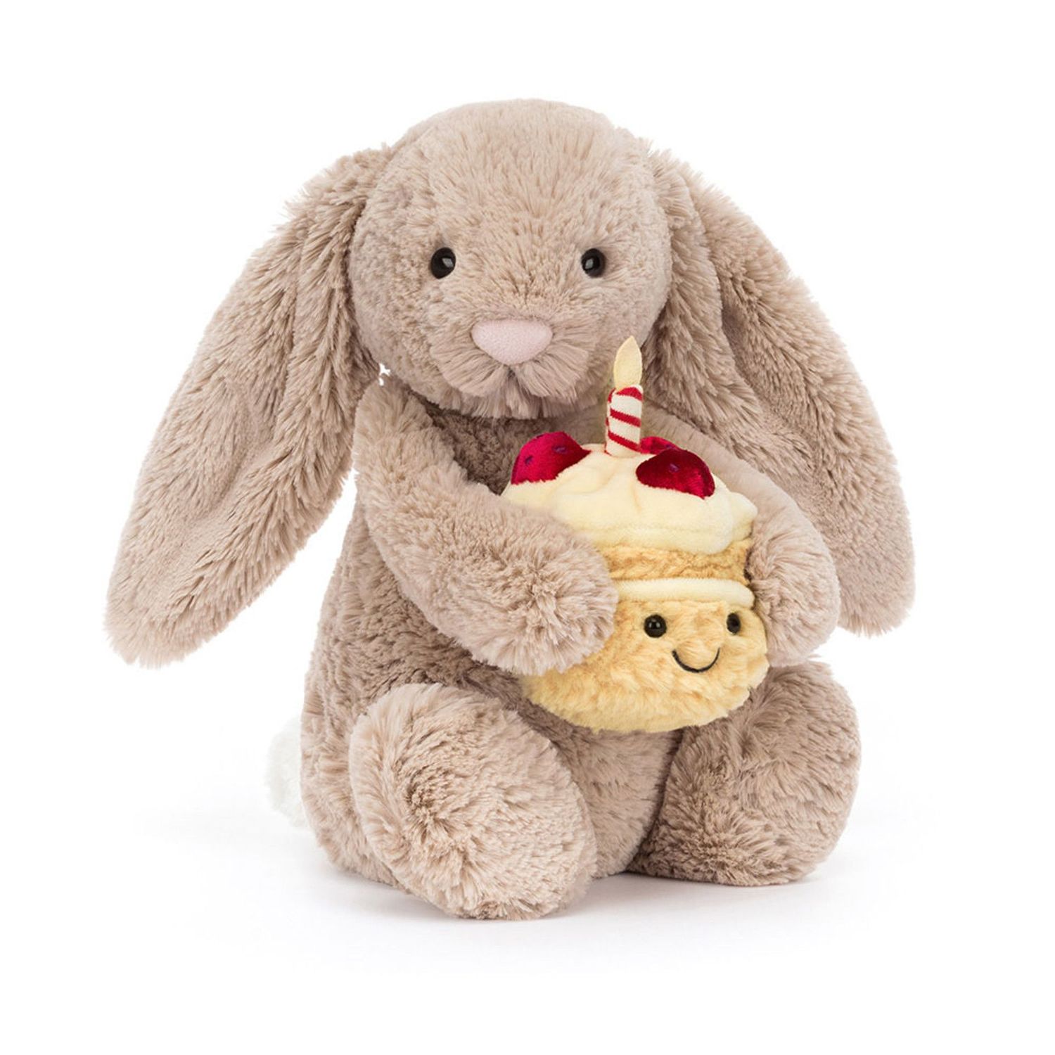 Hase Beige Bunny Birthday - Bashful Bunnies Jellycat Bashful Beige Bunny Birthday beiger Plüsch Hase sitzend mit festlichem Geburtstags Accessoire und Schlappohren