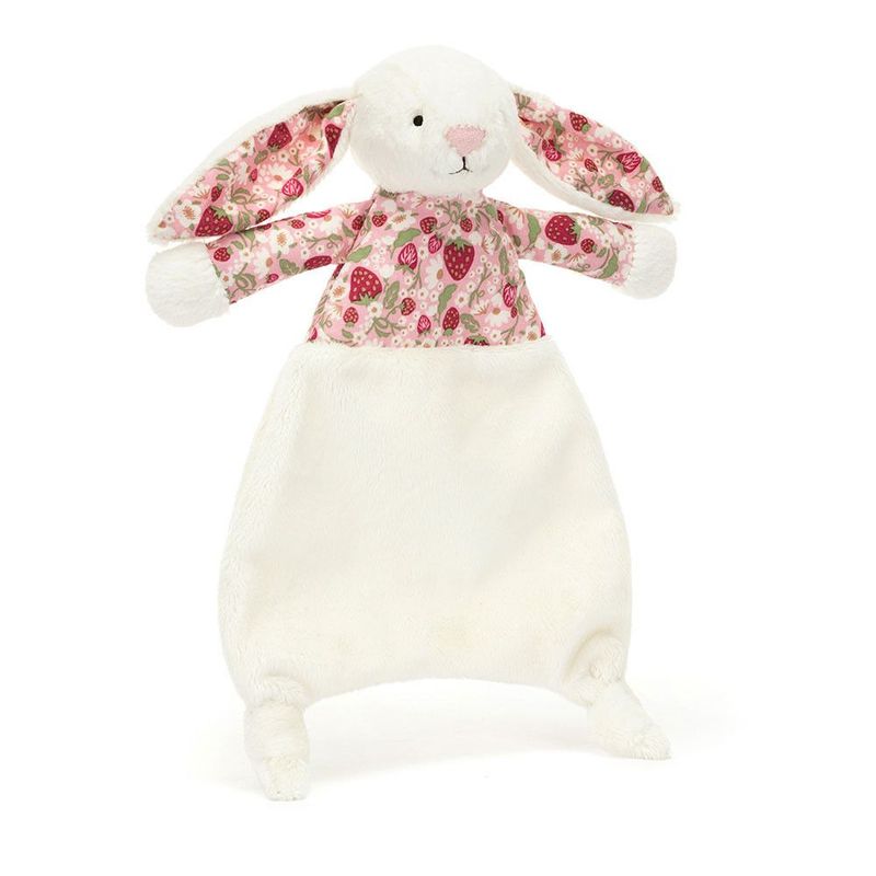 Schmusetuch Hase Cream Berry Bunny Comforter - Jellycat Baby Schmusetuch mit weißem Plüsch-Hasen mit sommerlichem Erdbeer-Musterstoff in den langen Schlappohren und am Tuchoberteil