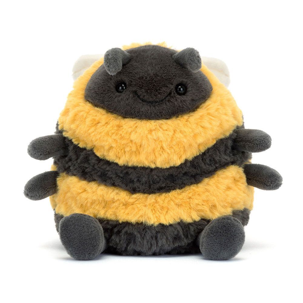 Biene Albee Bee - Jellycat Bugs & Insects Jellycat Albee Bee Plüschtier, dicke, gestreifte Biene mit schwarzen Kordelbeinen und weißen Flügeln, sitzend von vorne
