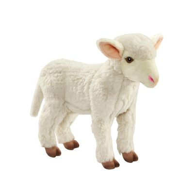 Hansa Creation stehendes Lamm, Weiß, 29 cm, naturgetreues Plüsch Schäfchen, Ansicht diagonal von vorne