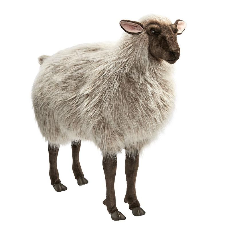Sheep Brown - Hansa Creation Hansa Creation Sheep, Brown, 105 cm, realistic plush sheep standing in life size, viewed diagonally from the front