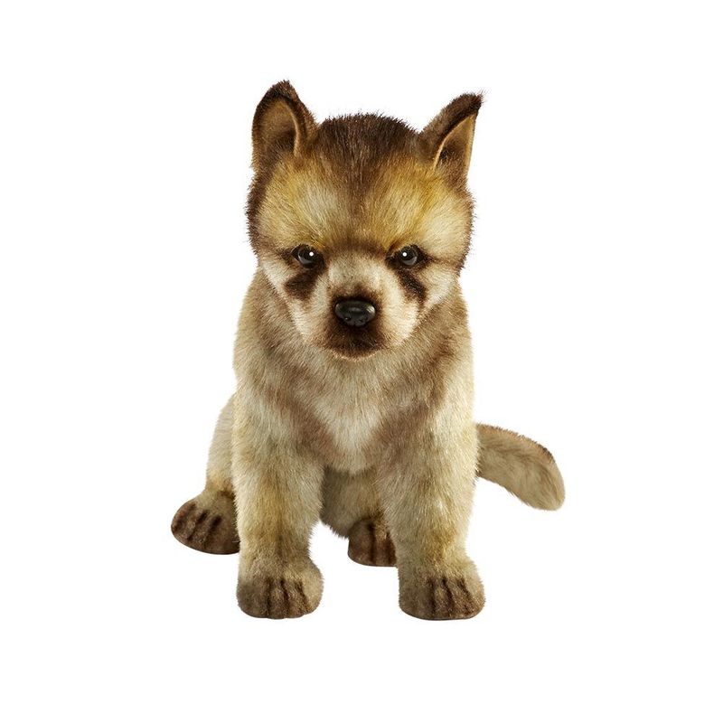 Wolf Pup Sitting - Hansa Creation Hansa Creation sitting wolf cub, 30 cm, lifelike small plush wolf, front view