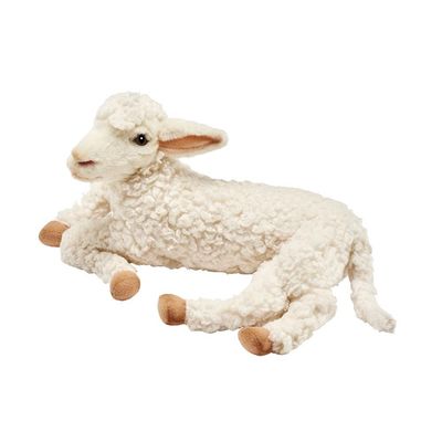 Hansa Creation liegendes Lamm, Weiß, 33 cm, realistisches Plüsch Schäfchen, Ansicht diagonal von vorne